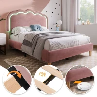 Upholstered Single Bed with LED Adjustable Headboard, Efficient Assembly, Velvet Bed Frame with Wooden Slats, 197L x 101W x 109H cm, Pink(m-6)