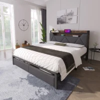 Upholstered Double Bed with LED Lighting, USB Type-C Charging, Bed Frame with Storage Headboard, Drawers, 208L x 137W x 110H cm, Grey(m-7)