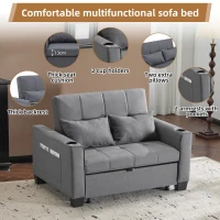 2 Seater Sofa Bed with Cup Holders, Convertible Fabric Sofa Chair with Adjustable Backrest and Storage Pockets, 140L x 96W x 97H cm, Gray(m-4)