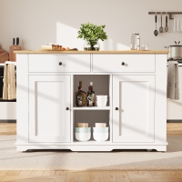 Kitchen Island Trolley with Power Strip, Foldable Dining Table, Ample Storage and Lockable Castors, 151.5L x 85W x 92H cm, White+Natural
