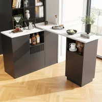 360° Swivelling Kitchen Island with Marble Worktop, Storage Compartments, Bar Table for Kitchen, Living Room, 198.5L x 30W x 72.5H cm, Black(m-9)