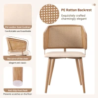 Set of 2 Modern Dining Chairs with Rattan Backrest, PU Leather Seat, Ergonomic Armchair with Wood Grain Iron Legs, 51L x 54W x 79H cm, Beige(m-4)