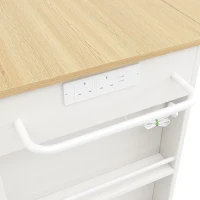 Kitchen Island Trolley with Power Strip, Foldable Dining Table, Ample Storage and Lockable Castors, 151.5L x 85W x 92H cm, White+Natural(m-9)