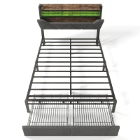 Upholstered Double Bed with LED Lighting, USB Type-C Charging, Bed Frame with Storage Headboard, Drawers, 208L x 137W x 110H cm, Grey(m-17)