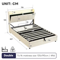 Double Upholstered Bed with LED Headboard, USB and Type-C Ports, Hydraulic Storage Bed with Charging Station, 207L x 136W x 105H cm, Beige(m-3)