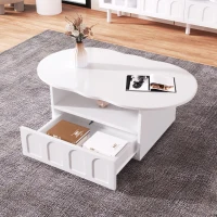 Cloud-Shaped Coffee Table with Drawer and Storage Compartments, Push-to-Open Mechanism, Easy Installation, 100L x 60W x 40.5H cm, White(m-4)