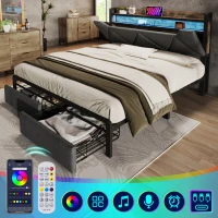 Upholstered Double Bed with LED Lighting, USB Type-C Charging, Bed Frame with Storage Headboard, Drawers, 208L x 137W x 110H cm, Grey(m-4)