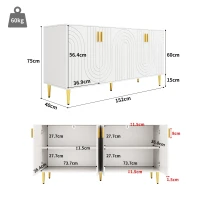 Wave Design Sideboard with Golden Handles and Feet, Elegant Storage Cabinet with 4 Doors and 2 Drawers, 152L x 40W x 75H cm, White(m-3)