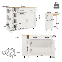 Kitchen Island Trolley with Power Strip, Folding Design and Wine Rack, Space-Saving Design for Kitchen, 131.5L x 76W x 91H cm, White+Natural(m-3)