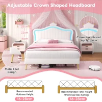 Double Upholstered Bed with Adjustable Crown Headboard, LED Bed Frame with Metal-Wood Support, 194L x 147W x 129H cm, Cream White(m-6)