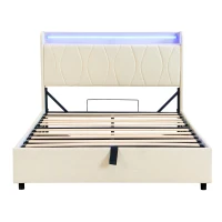 Double Upholstered Bed with LED Headboard, USB and Type-C Ports, Hydraulic Storage Bed with Charging Station, 207L x 136W x 105H cm, Beige(m-2)
