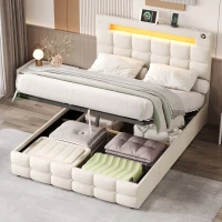 LED Double Upholstered Bed Frame with Charging Station, Adjustable Headboard, Velvet Hydraulic Storage Bed, 202.5L x 142W x 108H cm, Beige(m-8)