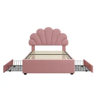 Single Upholstered Bed with Adjustable Petal Headboard, Solid Wood Slat, Velvet Bed Frame with Storage Drawers, 194L x 107W x 106H cm, Pink(m-2)