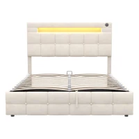 LED Double Upholstered Bed Frame with Charging Station, Adjustable Headboard, Velvet Hydraulic Storage Bed, 202.5L x 142W x 108H cm, Beige(m-2)
