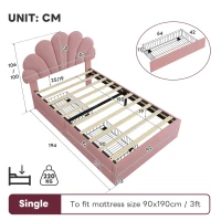 Single Upholstered Bed with Adjustable Petal Headboard, Solid Wood Slat, Velvet Bed Frame with Storage Drawers, 194L x 107W x 106H cm, Pink(m-3)