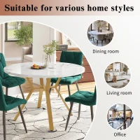 Round Marble Dining Table Set with Gold Metal Legs and 4 Ergonomic Velvet Chairs, Table Top Radius, 100L x 100W x 75H cm, White+Green(m-5)