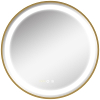 kleankin Espelho Casa de Banho Redondo com Luz LED 3 Luzes Ajustáveis Visualização de Temperatura e Hora Função de Memória Ø60x4cm Dourado