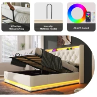 Upholstered Double Ottoman Bed with 360 Surround LED, USB Charging Port, Hydraulic Storage Bed Frame, 206L x 148W x 104H cm, White(m-9)