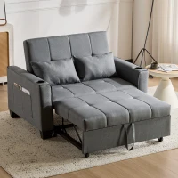 2 Seater Sofa Bed with Cup Holders, Convertible Fabric Sofa Chair with Adjustable Backrest and Storage Pockets, 140L x 96W x 97H cm, Gray(m-1)