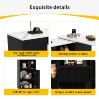 360° Swivelling Kitchen Island with Marble Worktop, Storage Compartments, Bar Table for Kitchen, Living Room, 198.5L x 30W x 72.5H cm, Black(m-5)