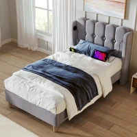 Upholstered Single Bed with USB & Type-C Charging Ports, Teenager Bed for Bedroom & Guest Room, 197L x 103W x 103H cm, Grey(m-8)