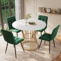 Round Dining Table Set with 4 Velvet Chairs, White+Green