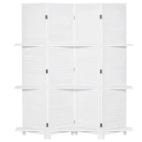 HOMCOM Biombo Separador de Madera de 4 Paneles Divisor de Habitaciones Plegable con 3 Estantes Extraíbles Diseño Persiana para Dormitorio Oficina 160x170 cm Blanco(m-1)
