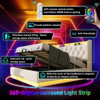 Upholstered Double Ottoman Bed with 360 Surround LED, USB Charging Port, Hydraulic Storage Bed Frame, 206L x 148W x 104H cm, White(m-8)