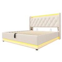 Upholstered Double Ottoman Bed with 360 Surround LED, USB Charging Port, Hydraulic Storage Bed Frame, 206L x 148W x 104H cm, White(m-17)