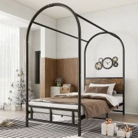 Metal Canopy Bed Frame with Durable Iron and MDF Construction, Wood Headboard, Easy Self-Installation, 195L x 90.5W x 192H cm, Black(m-7)