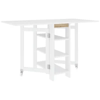 HOMCOM Mesa de Cocina Plegable con Alas Abatibles 2 Ruedas y Estantes Estilo Moderno 120x60x75 cm Blanco(m-1)