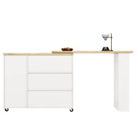 360° Swivelling Dining Table with Castors, Multifunctional Storage Island with Three Drawers, Snack Rack, 209L x 39W x 104H cm, White(m-13)