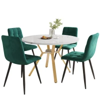 Round Marble Dining Table Set with Gold Metal Legs and 4 Ergonomic Velvet Chairs, Table Top Radius, 100L x 100W x 75H cm, White+Green(m-14)
