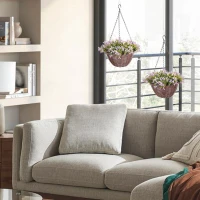 HOMCOM Artificial Flowers in Basket Set of 2, Artificial Hanging Baskets with 75 Leaves and 15 Flowers in Pot, Decorative Plant for Home Office Decor, Purple(m-8)