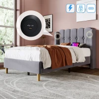 Upholstered Single Bed with USB & Type-C Charging Ports, Teenager Bed for Bedroom & Guest Room, 197L x 103W x 103H cm, Grey(m-6)