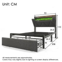 Upholstered Single Bed with LED Lighting, USB Type-C Charging, Storage Headboard and Drawers, 3ft Single Bed, 208L x 92W x 110H cm, Grey(m-3)