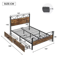 Metal Double Bed with 2 Drawers, Sturdy Iron Frame and MDF, Storage Bed for Adults and Teenagers, 198L x 137W x 116H cm, Black(m-3)