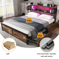 Metal Double Bed with LED Light Strip, 2 Drawers and USB Charging Ports, Sturdy Iron Frame, 207L x 135.5W x 83.5H cm, Black(m-4)
