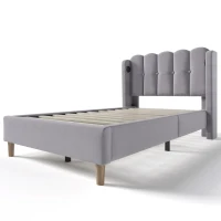 Upholstered Single Bed with USB & Type-C Charging Ports, Teenager Bed for Bedroom & Guest Room, 197L x 103W x 103H cm, Grey(m-15)
