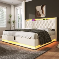Upholstered Double Ottoman Bed with 360 Surround LED, USB Charging Port, Hydraulic Storage Bed Frame, 206L x 148W x 104H cm, White(m-12)