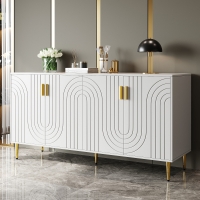 Wave Design Sideboard with Golden Handles and Feet, Elegant Storage Cabinet with 4 Doors and 2 Drawers, 152L x 40W x 75H cm, White