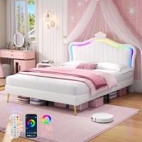 Double Upholstered Bed with Adjustable Crown Headboard, LED Bed Frame with Metal-Wood Support, 194L x 147W x 129H cm, Cream White(m-7)