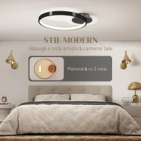 HOMCOM Lampă de tavan LED Modernă de 40W cu 2 Inele și Lumină Reglabilă, Negru(m-5)