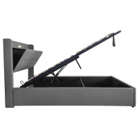 King Upholstered Bed Frame with Hydraulic Storage, LED Light, PU Leather Ottoman Bed with Charging Station, 217L x 152W x 115H cm, Grey(m-15)