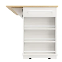 Kitchen Island Trolley with Power Strip, Foldable Dining Table, Ample Storage and Lockable Castors, 151.5L x 85W x 92H cm, White+Natural(m-12)