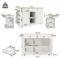 Kitchen Island Trolley with Power Strip, Foldable Dining Table, Ample Storage and Lockable Castors, 151.5L x 85W x 92H cm, White+Natural(m-3)