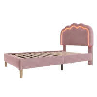 Upholstered Single Bed with LED Adjustable Headboard, Efficient Assembly, Velvet Bed Frame with Wooden Slats, 197L x 101W x 109H cm, Pink(m-16)