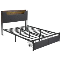 Upholstered Double Bed with LED Lighting, USB Type-C Charging, Bed Frame with Storage Headboard, Drawers, 208L x 137W x 110H cm, Grey(m-2)