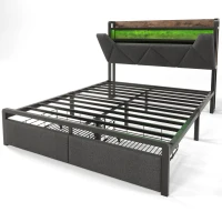 Upholstered Double Bed with LED Lighting, USB Type-C Charging, Bed Frame with Storage Headboard, Drawers, 208L x 137W x 110H cm, Grey(m-16)