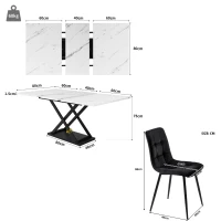 Extendable Dining Table Set with 4 Velvet Chairs, Marble Table, Stylish and Modern Design for Kitchen, 160L x 80W x 75H cm, White+Black(m-3)